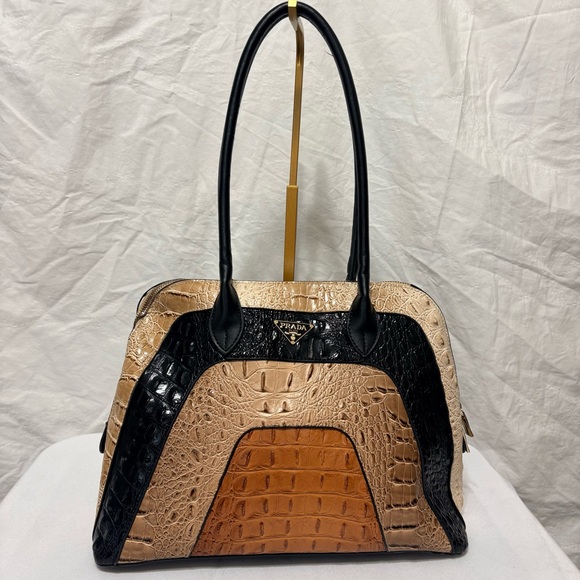 Women's Croc-Embossed Shoulder Bag - Black, Tan, Brown - Picture 2 of 15